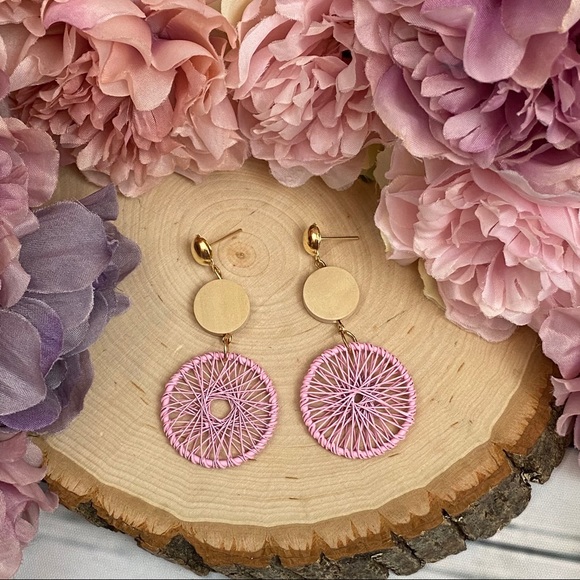 Boho Wood Woven Pink Dream Catcher Earrings - Picture 2 of 14